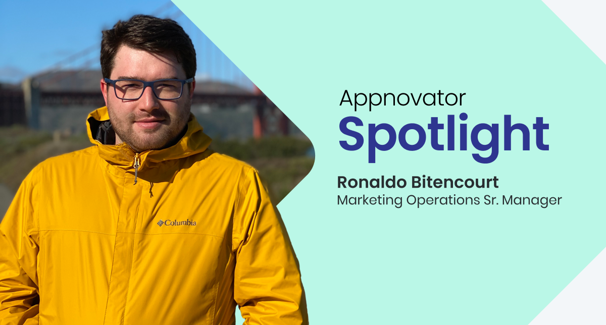 A man in yellow is on the left with a mint green arrow and the text Appnovator Spotlight Ronaldo Bitencourt Marketing Operation Sr. Manager at Appnovation